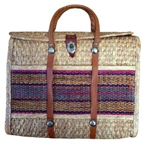 Handcrafted Straw Tote with Leather Accents Vintage Boho Hippi Cottagecore Minim